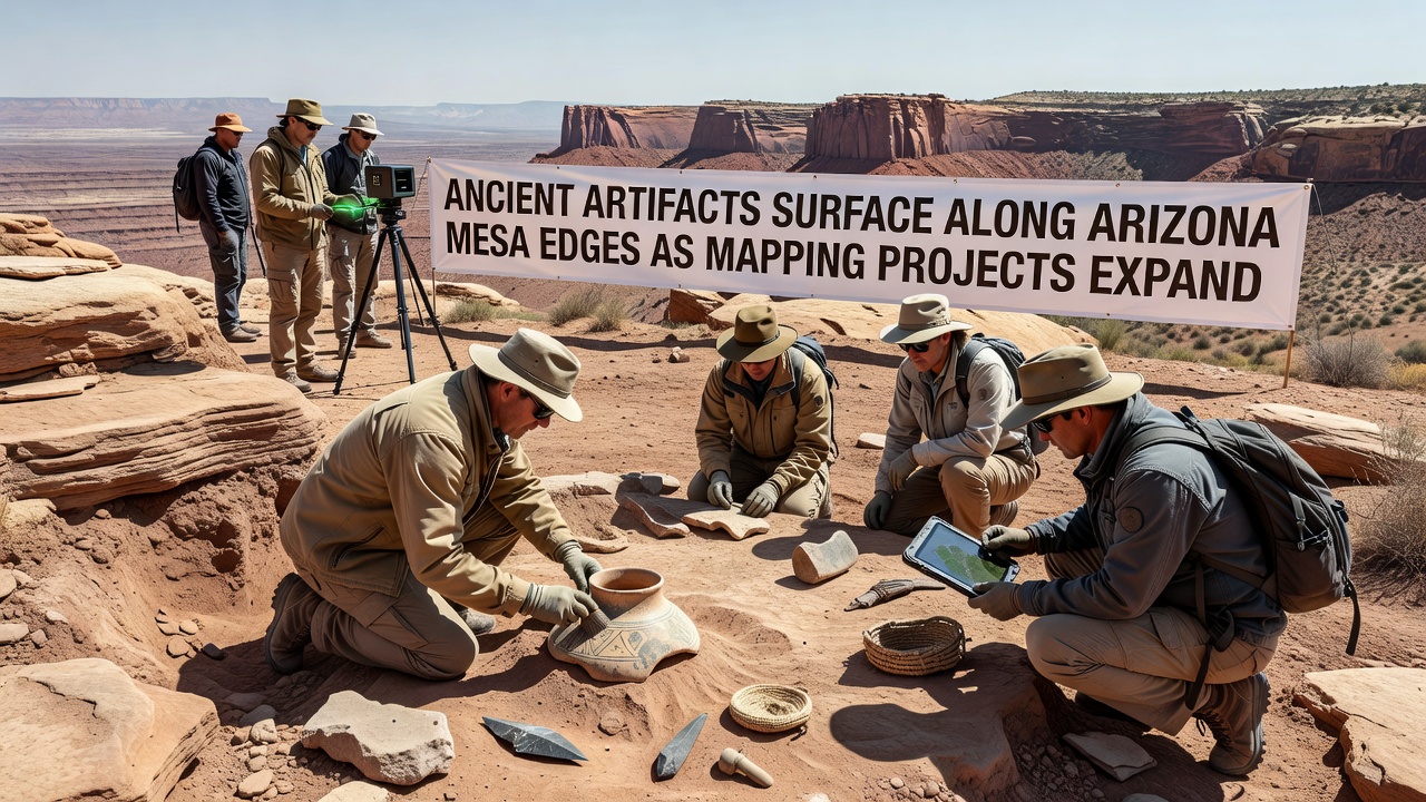 Close-up of ancient pottery shards and stone tools uncovered at an Arizona mesa edge site