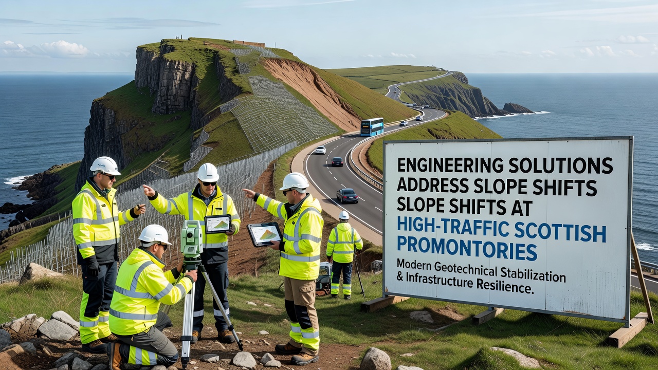 Aerial view of reinforced slope sections with drainage channels and retaining structures at a busy Scottish coastal site